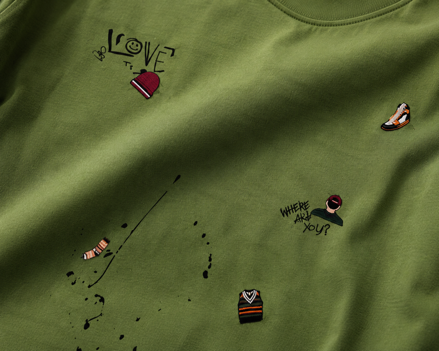 Olive Scribble Oversized Drop Shoulder T-Shirt