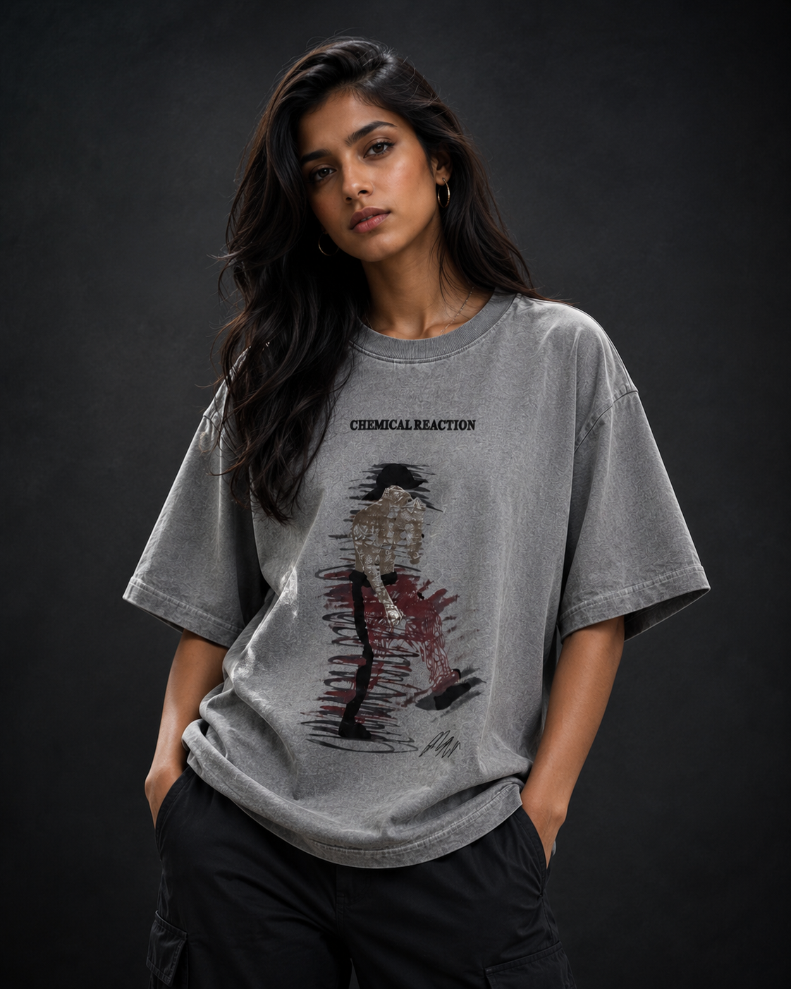 Chemical Reaction Ash Grey Oversized Drop Shoulder T-Shirt (Unisex)