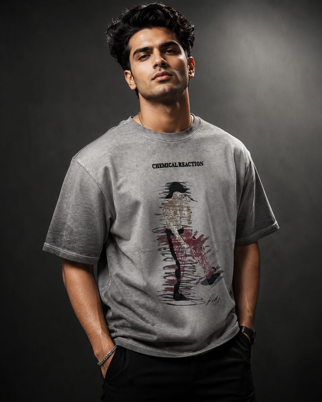 Chemical Reaction Ash Grey Oversized Drop Shoulder T-Shirt (Unisex)