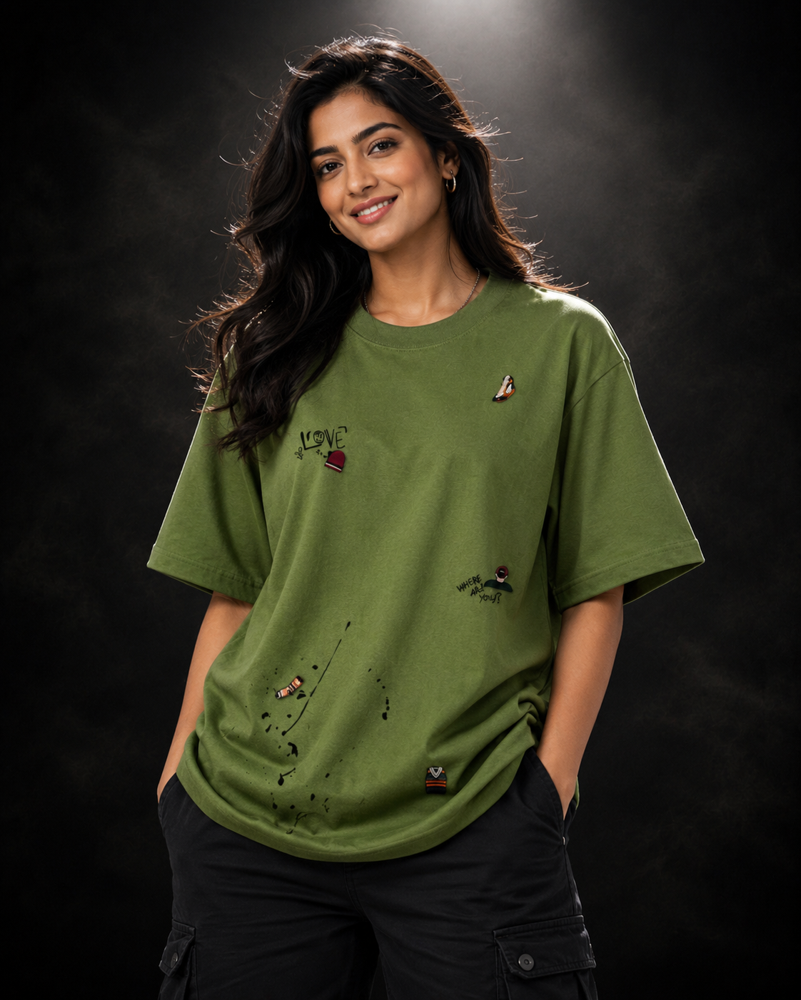 Olive Scribble Oversized Drop Shoulder T-Shirt (Unisex)
