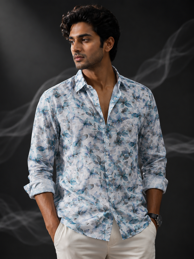 Azure Bloom Printed Linen Full Sleeve Shirt