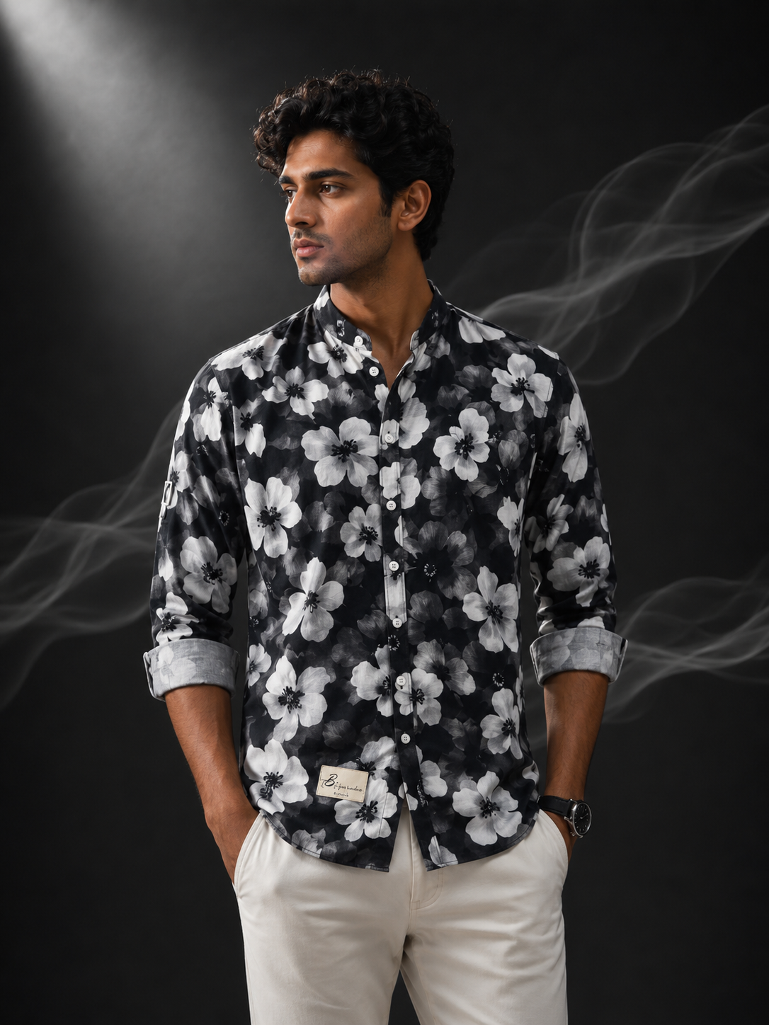 Midnight Bloom Chinese Collar Printed Linen Shirt
