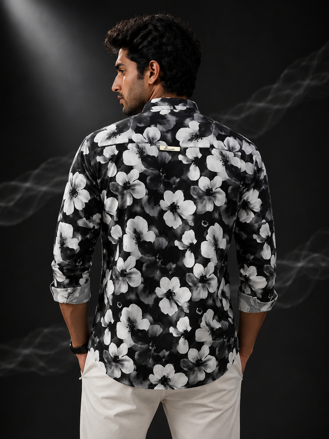 Midnight Bloom Chinese Collar Printed Linen Shirt
