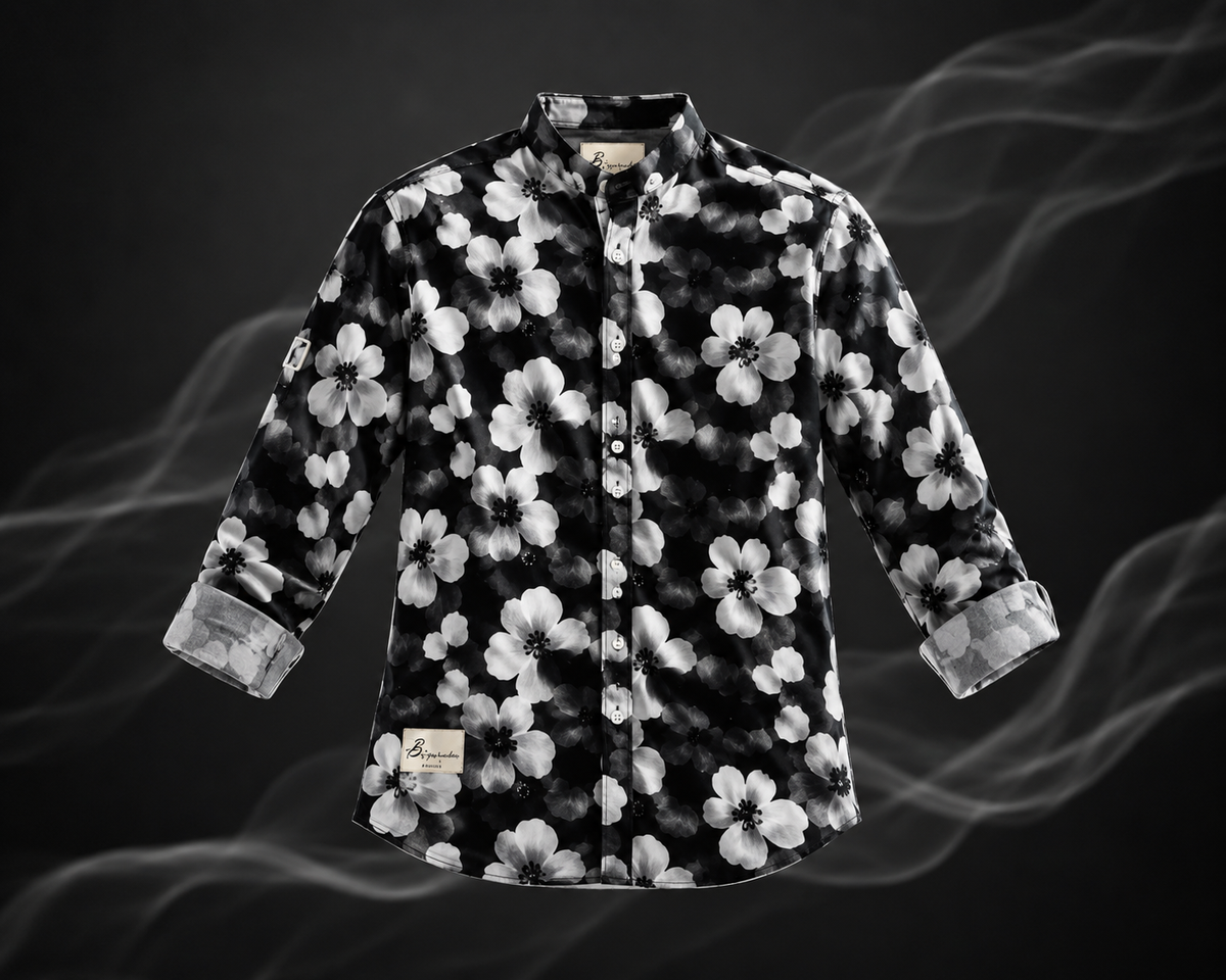 Midnight Bloom Chinese Collar Printed Linen Shirt
