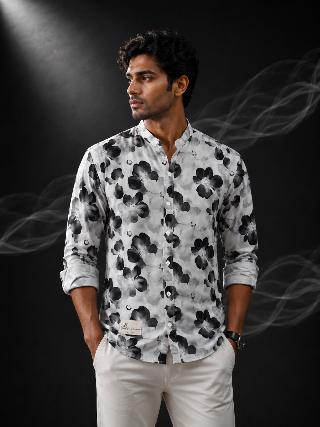Monochrome Blossom Chinese Collar Printed Linen Shirt
