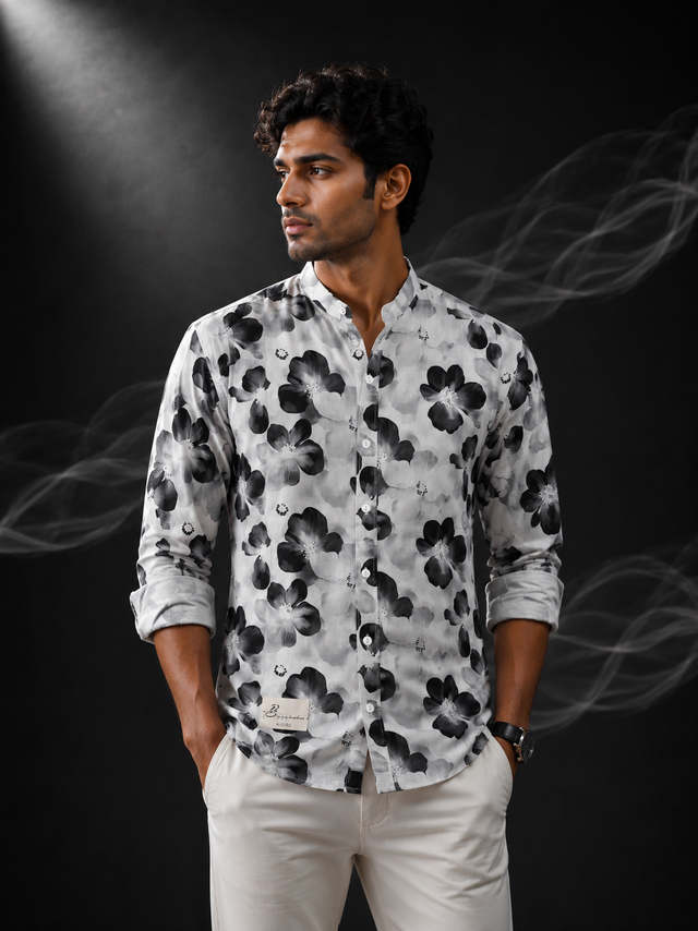 Monochrome Blossom Chinese Collar Printed Linen Shirt