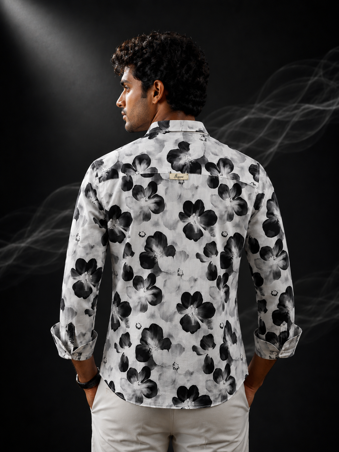 Monochrome Blossom Chinese Collar Printed Linen Shirt