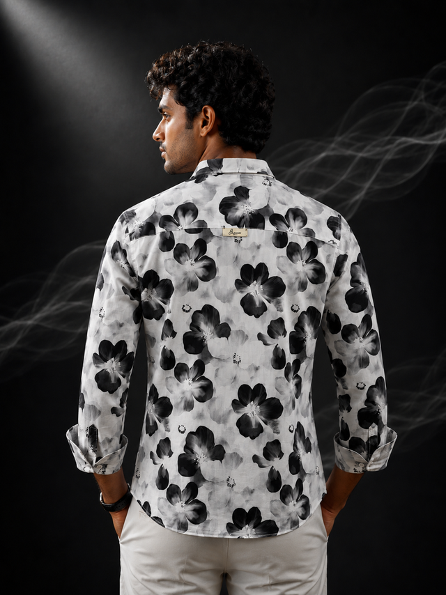 Monochrome Blossom Chinese Collar Printed Linen Shirt