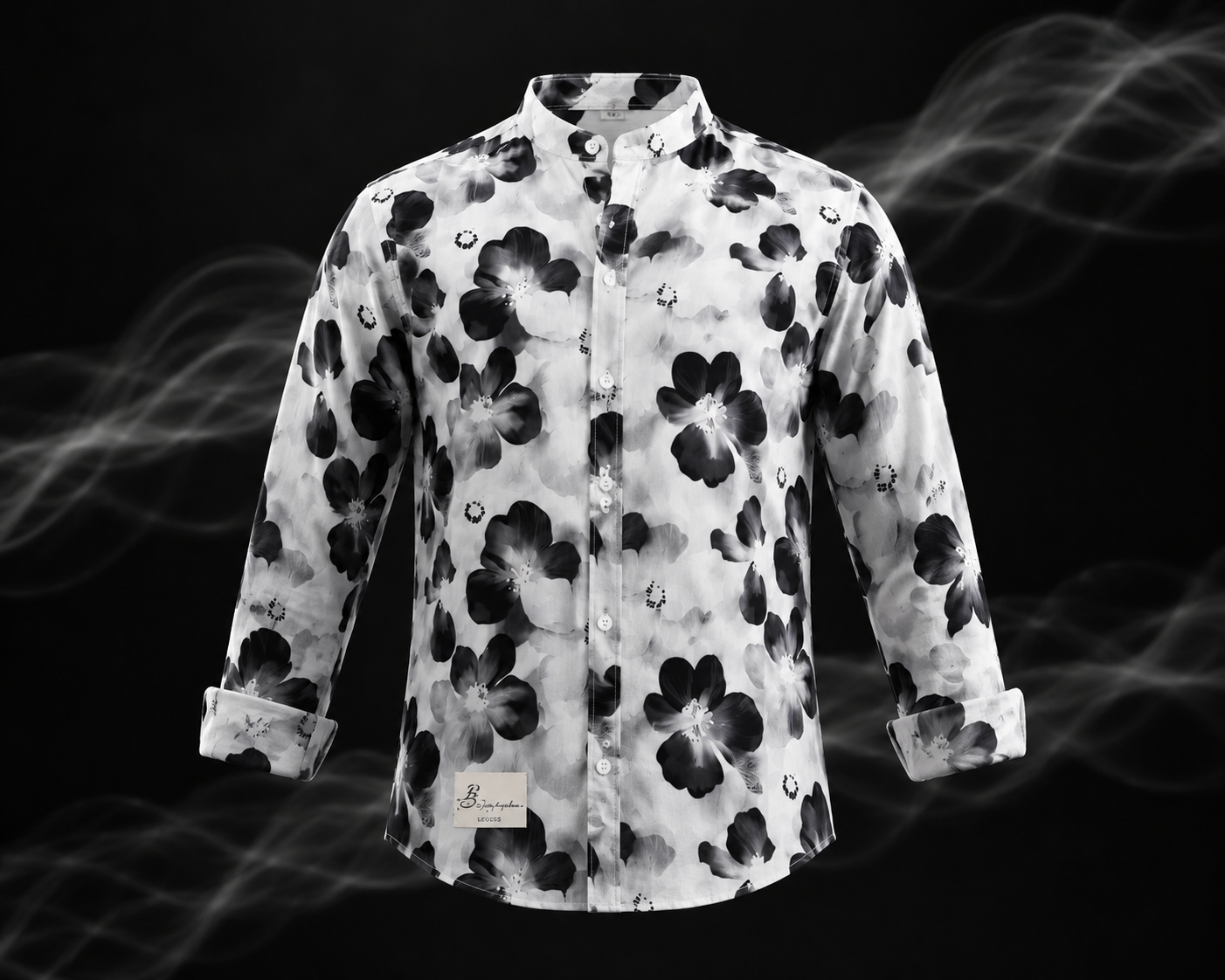 Monochrome Blossom Chinese Collar Printed Linen Shirt