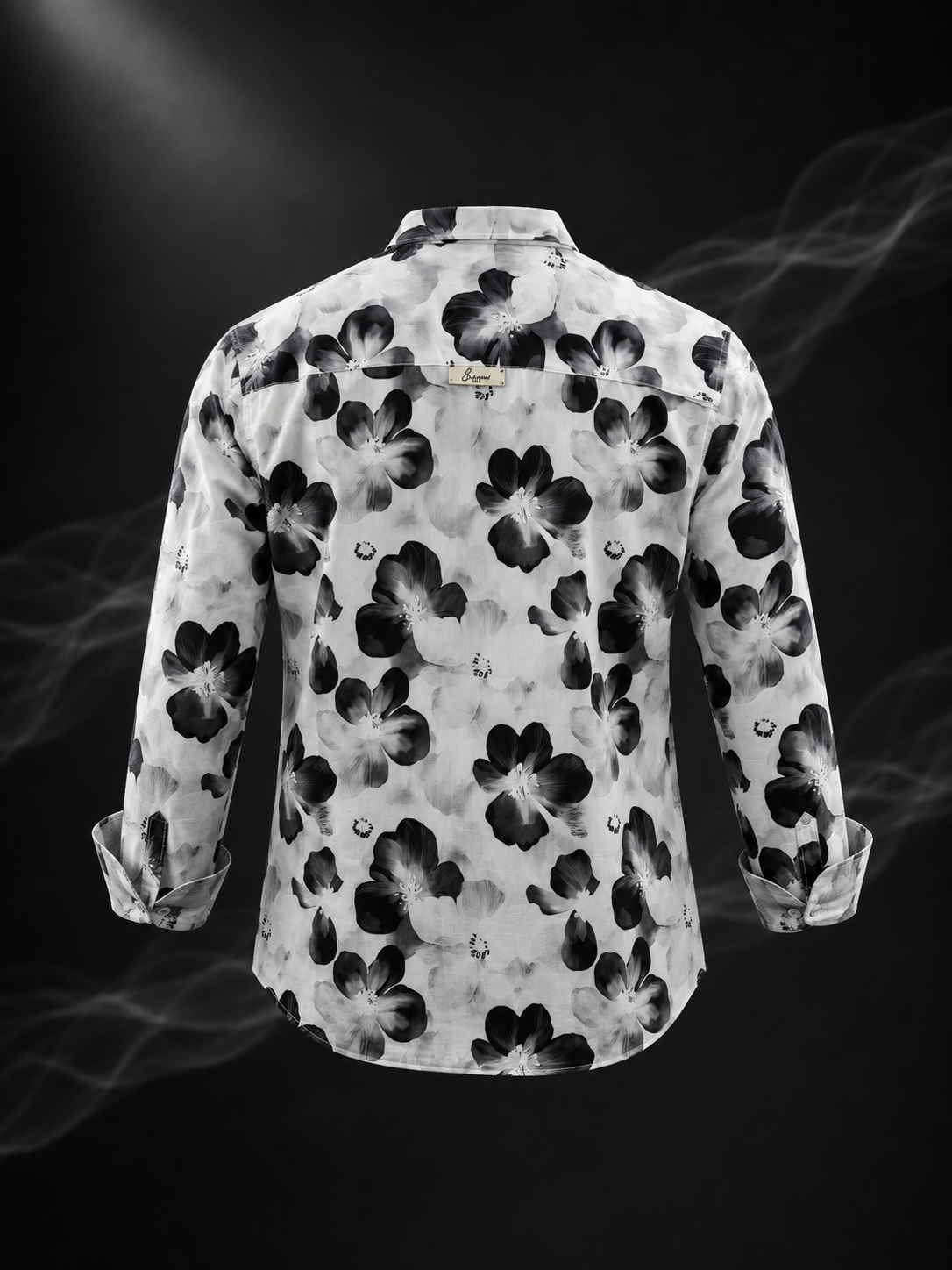 Monochrome Blossom Chinese Collar Printed Linen Shirt