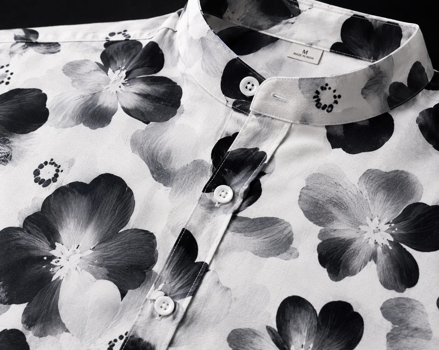 Monochrome Blossom Chinese Collar Printed Linen Shirt