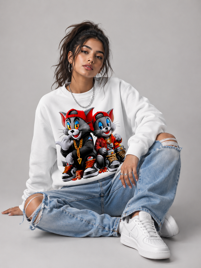 Street Cat Duo White Graphic Sweatshirt