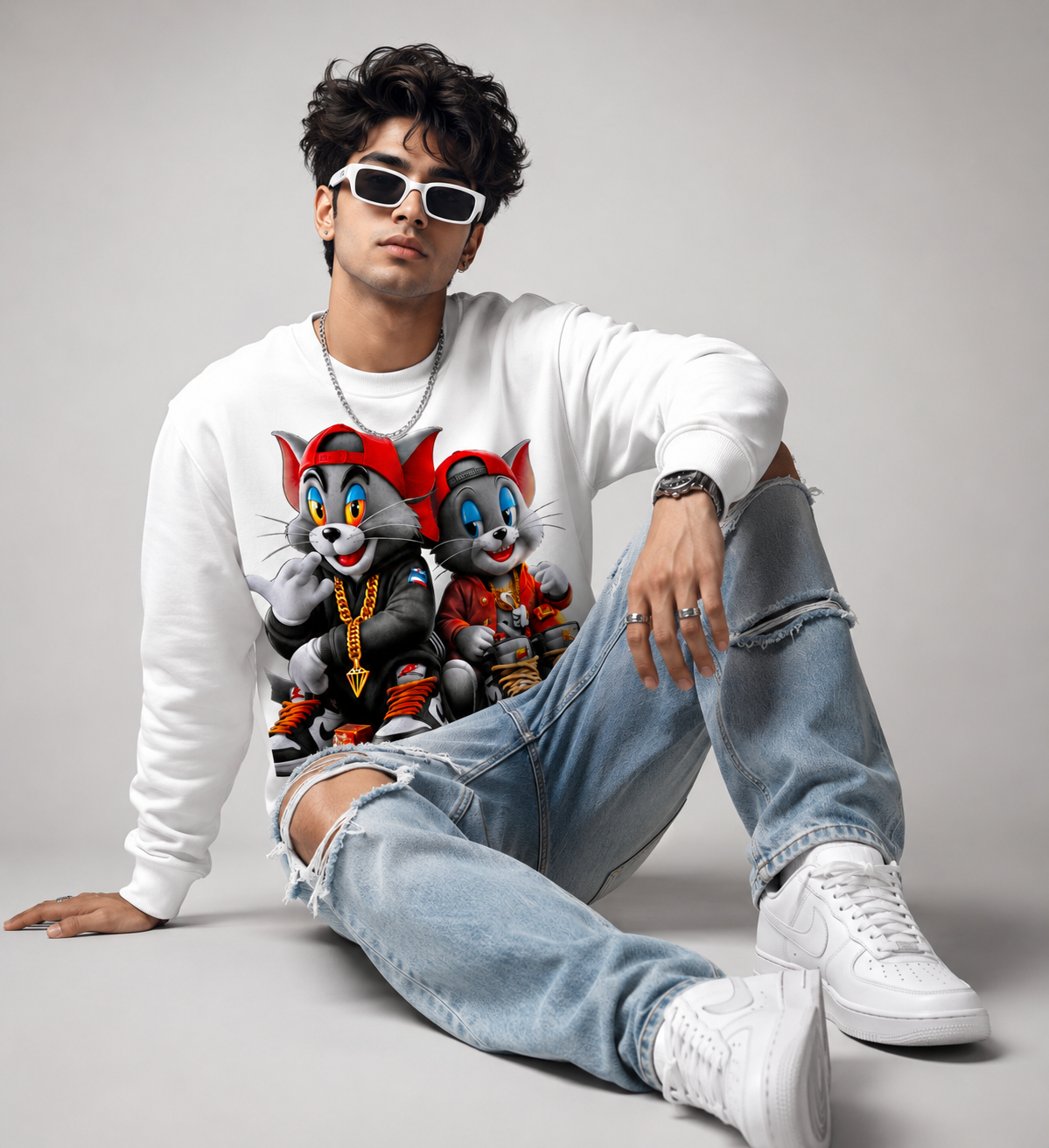Street Cat Duo White Graphic Sweatshirt