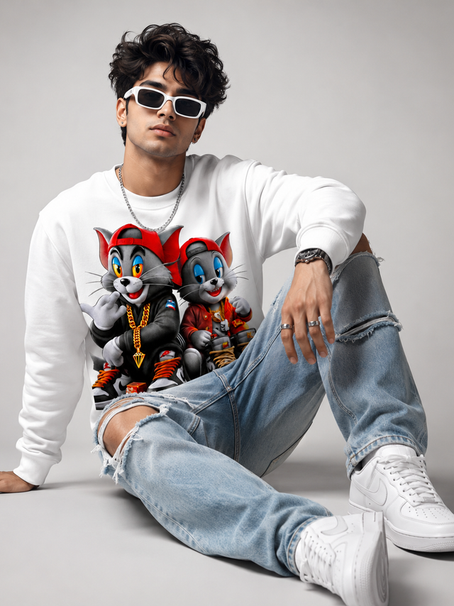 Street Cat Duo White Graphic Sweatshirt