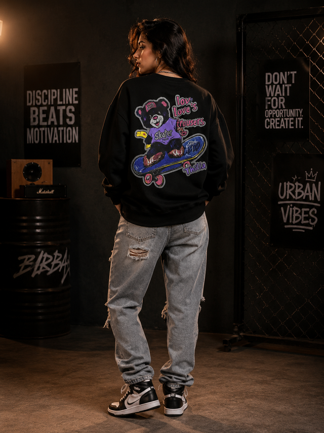 Skater Bear Black Graphic Sweatshirt
