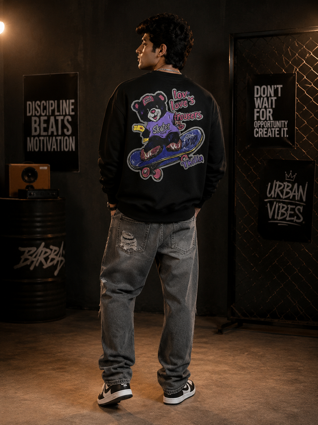 Skater Bear Black Graphic Sweatshirt