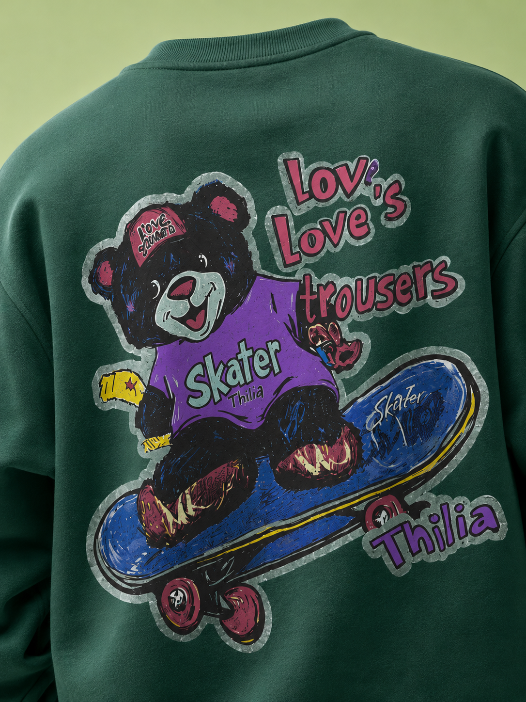 Skater Bear Forest Green Graphic Sweatshirt