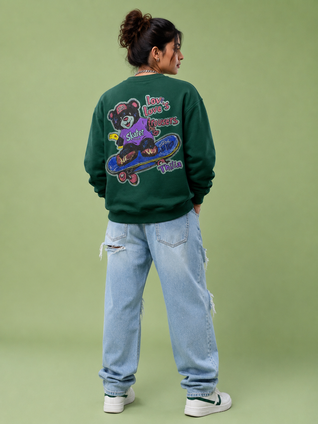 Skater Bear Forest Green Graphic Sweatshirt