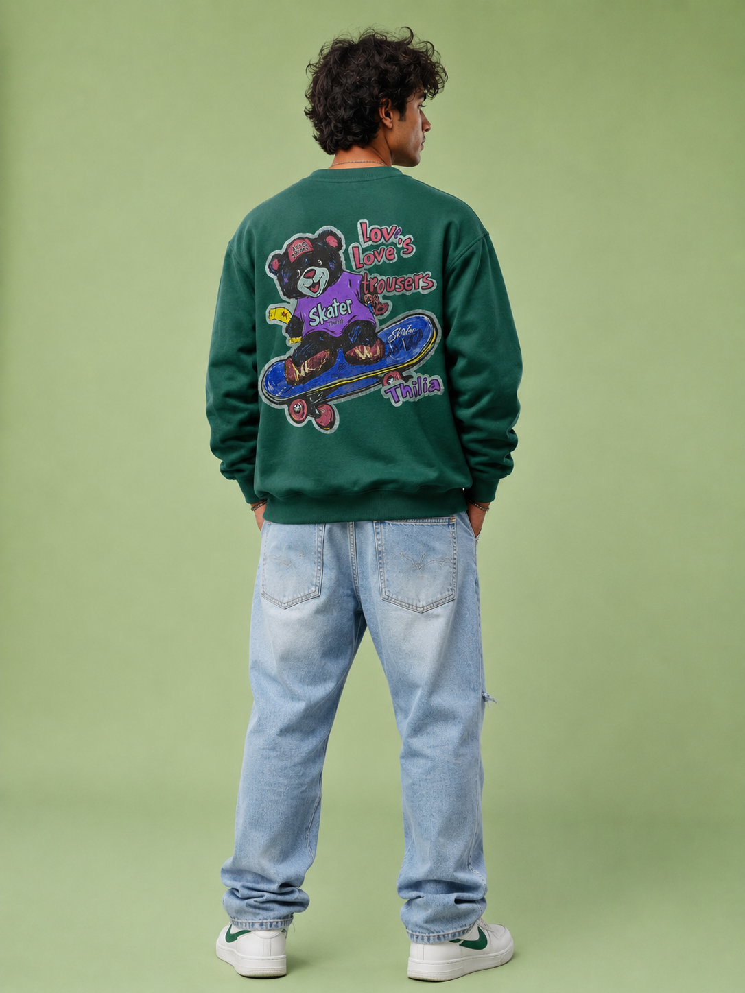 Skater Bear Forest Green Graphic Sweatshirt