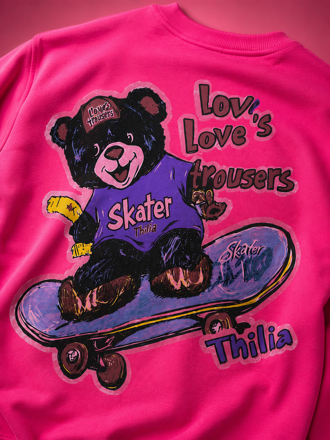 Skater Bear Hot Pink Graphic Sweatshirt