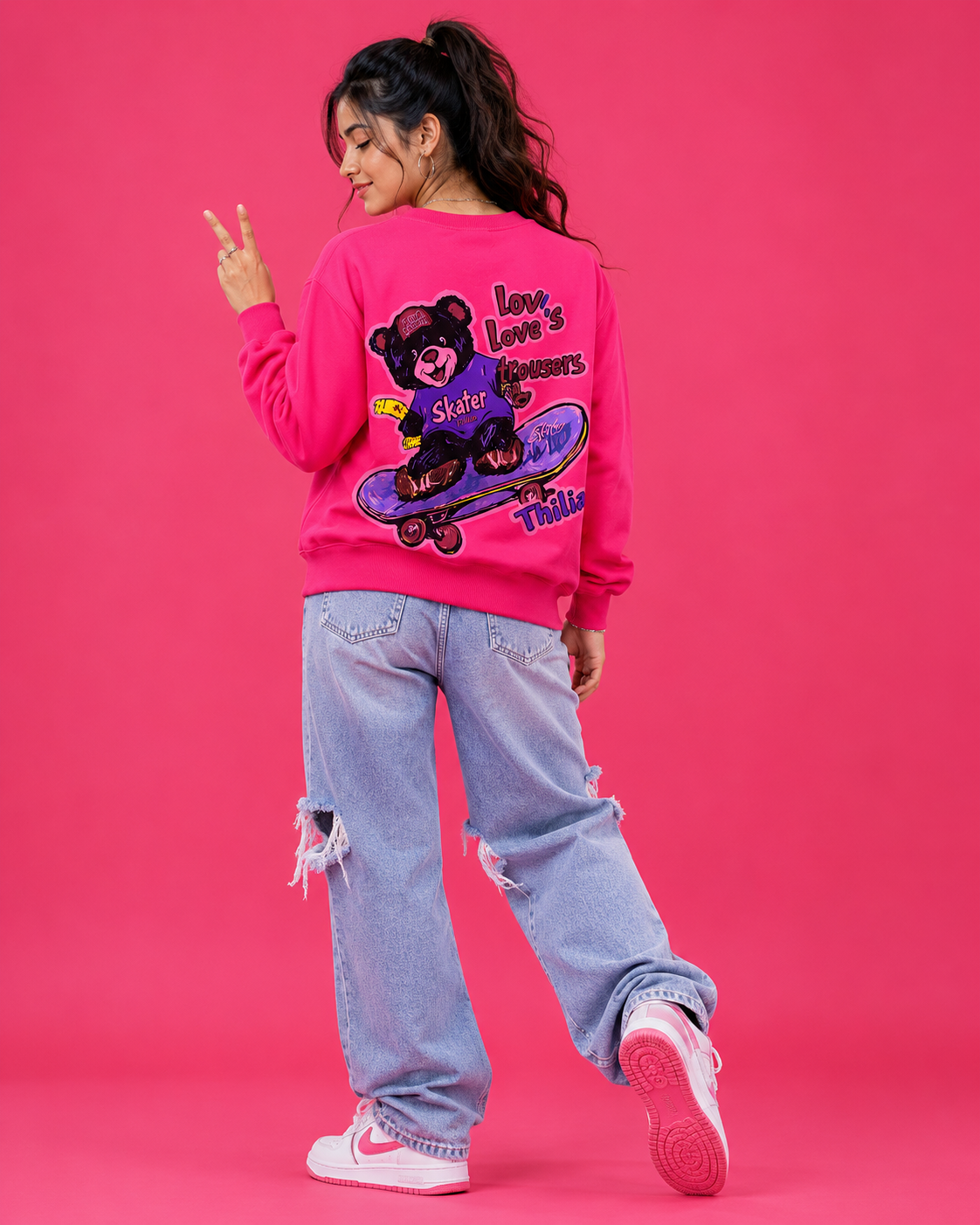 Skater Bear Hot Pink Graphic Sweatshirt