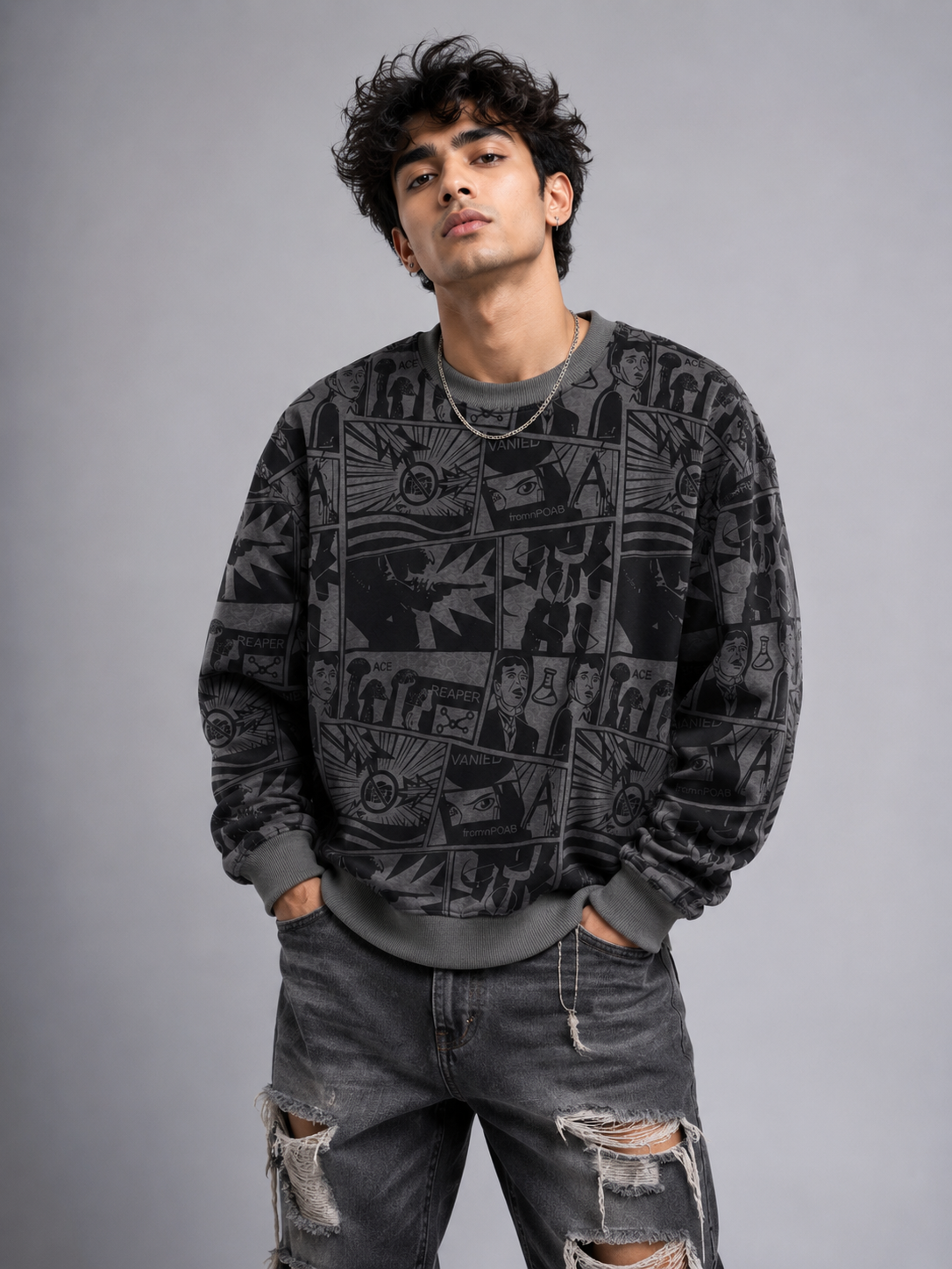 Mono Comic Panel Grey Graphic Sweatshirt