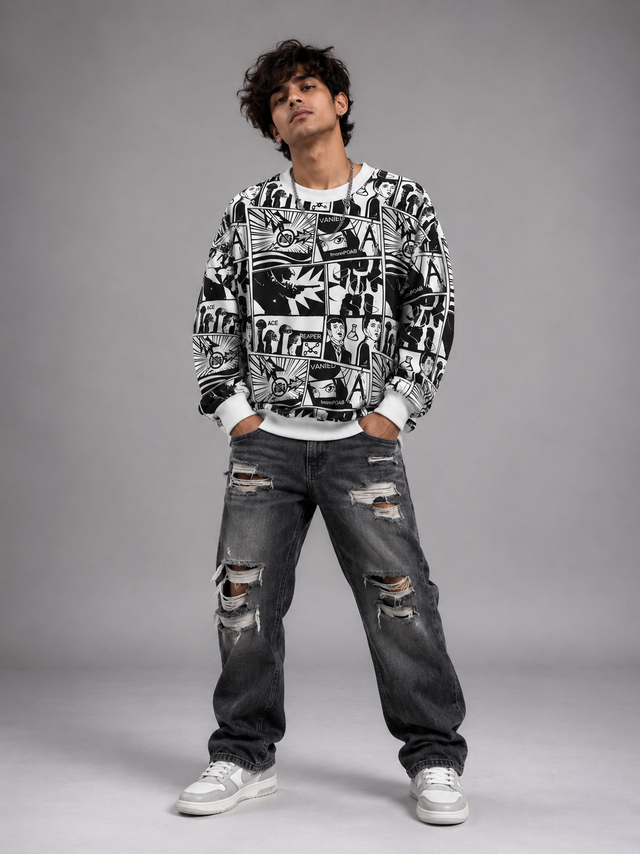 Mono Comic Panel White Graphic Sweatshirt