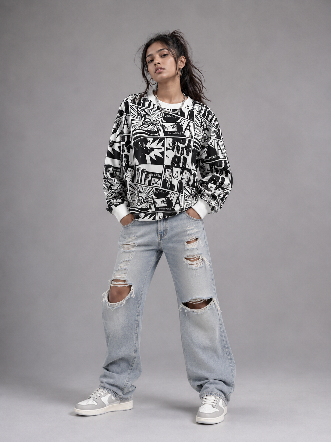 Mono Comic Panel White Graphic Sweatshirt