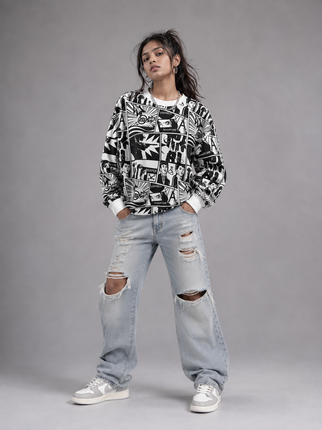 Mono Comic Panel White Graphic Sweatshirt