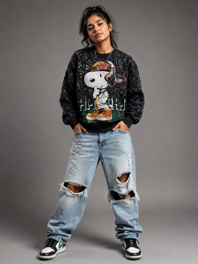 Hip Hop Puppy Black Graphic Sweatshirt