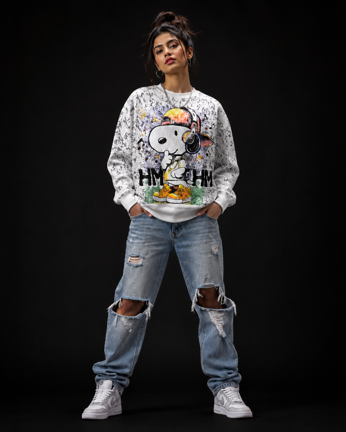 Hip Hop Puppy White Graphic Sweatshirt