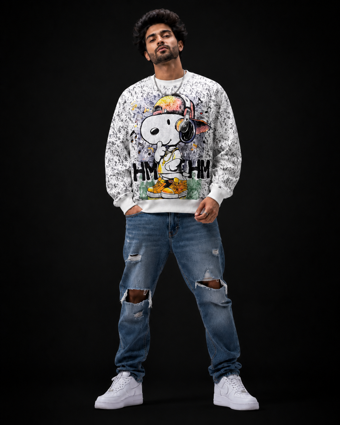 Hip Hop Puppy White Graphic Sweatshirt