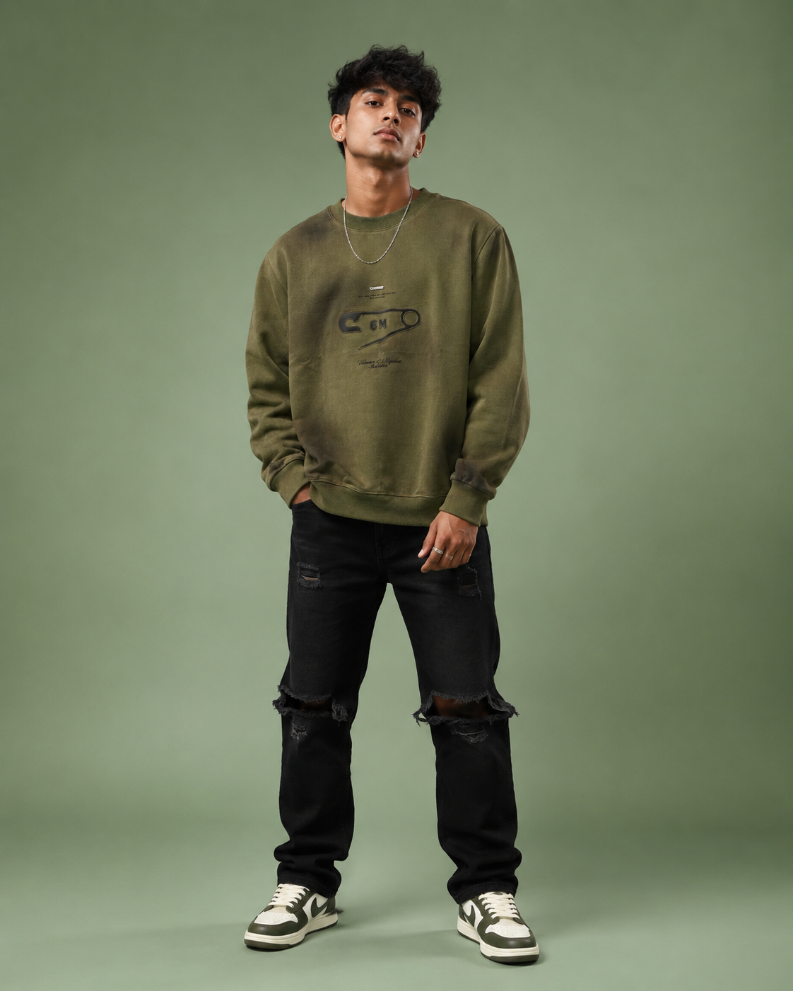 Safety Pin Vintage Olive Washed Graphic Sweatshirt