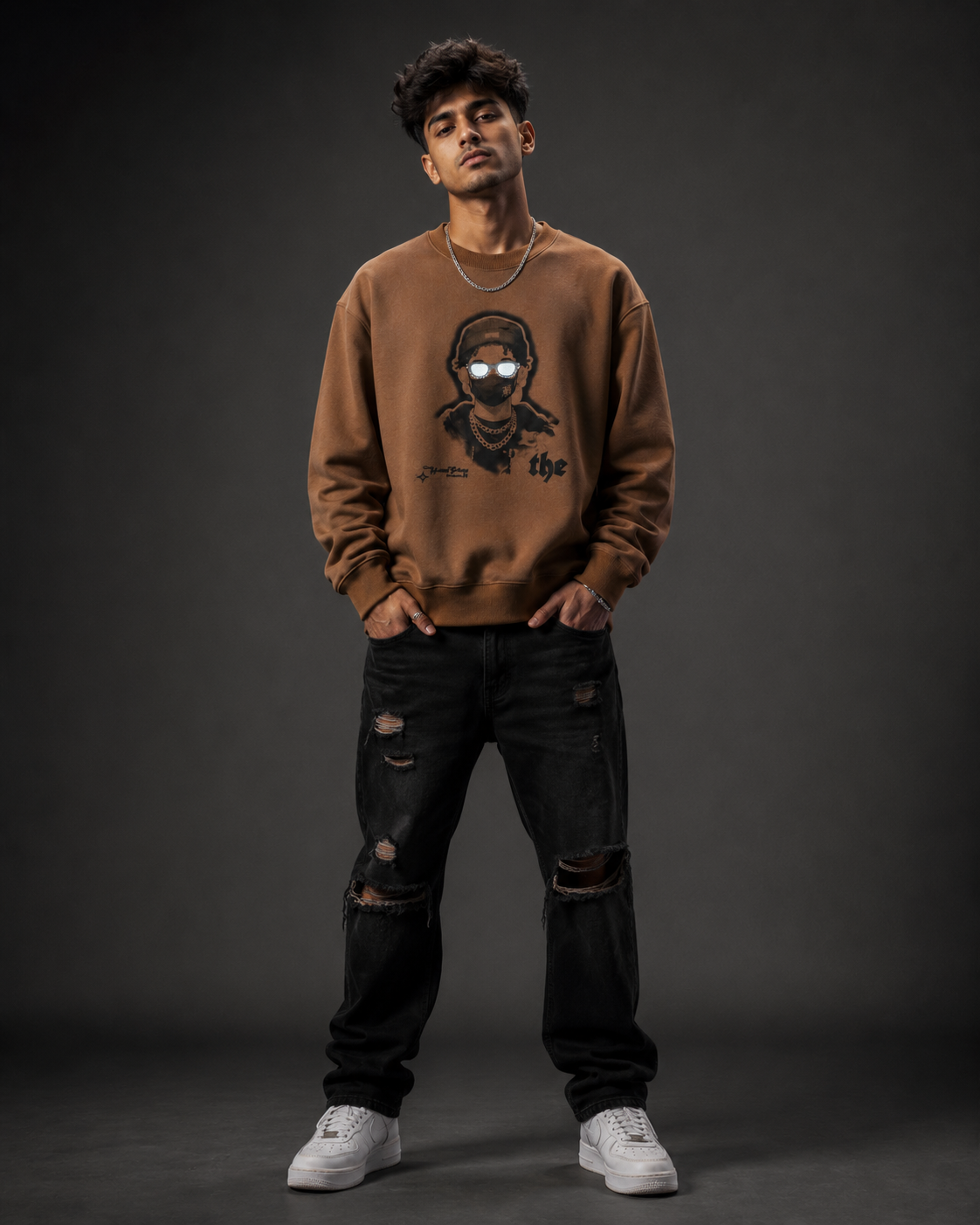 Masked Rebel Coffee Brown Graphic Sweatshirt