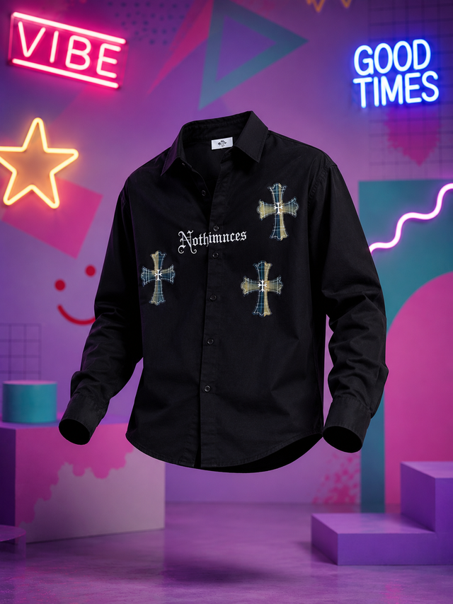 Gothic Cross Black Printed Shirt for Men