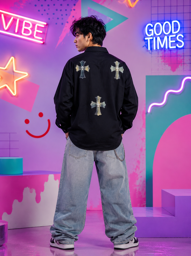 Gothic Cross Black Printed Shirt for Men