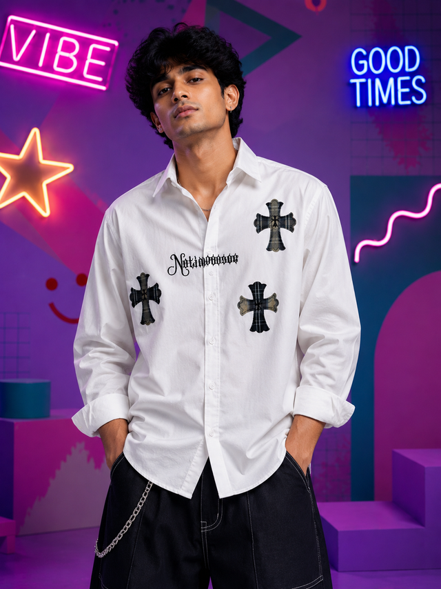 Gothic Cross White Printed Shirt for Men