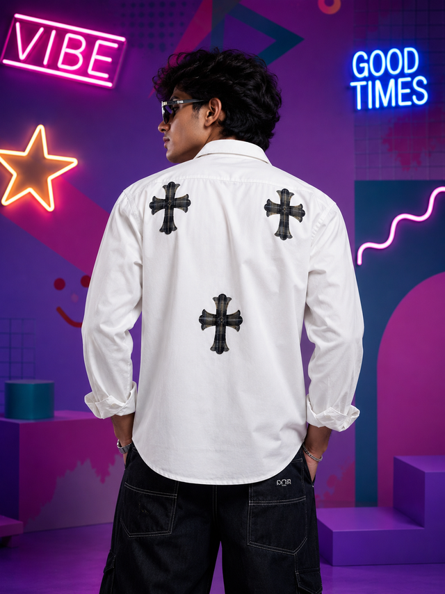 Gothic Cross White Printed Shirt for Men