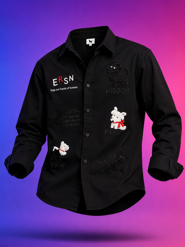 Paw Friends Black Embroidered Shirt for Men