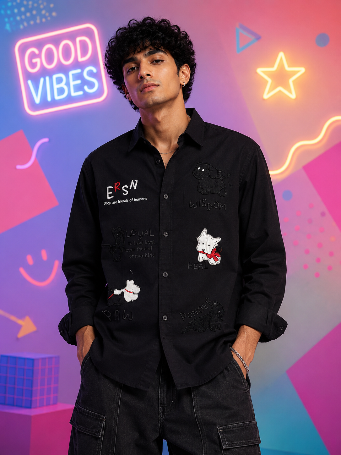 Paw Friends Black Embroidered Shirt for Men