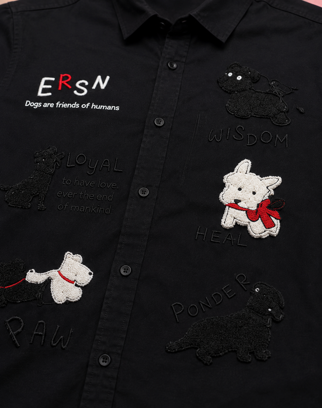 Paw Friends Black Embroidered Shirt for Men