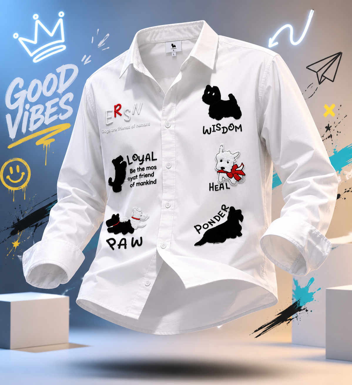 Paw Friends White Embroidered Shirt for Men