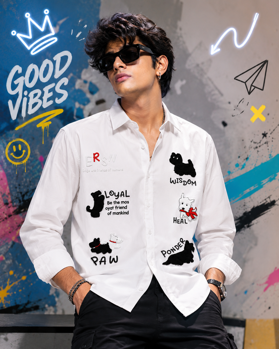 Paw Friends White Embroidered Shirt for Men