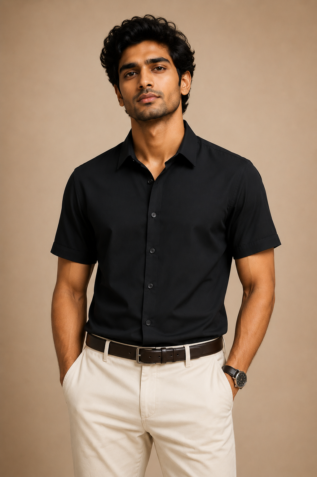 Midnight Black Regular Fit Half-Sleeve Shirt for Men