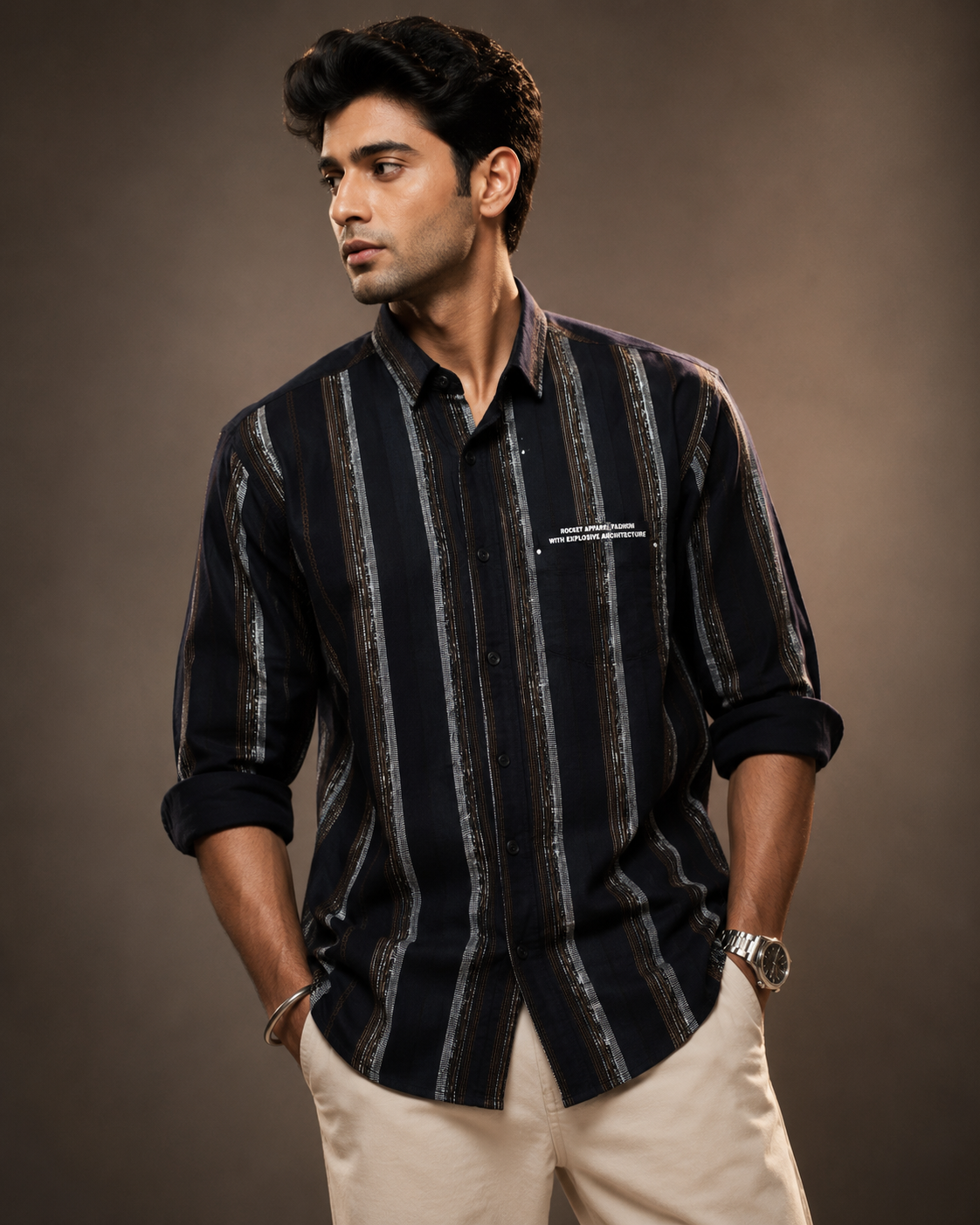 Midnight Route Vertical Stripe Full-Sleeve Shirt