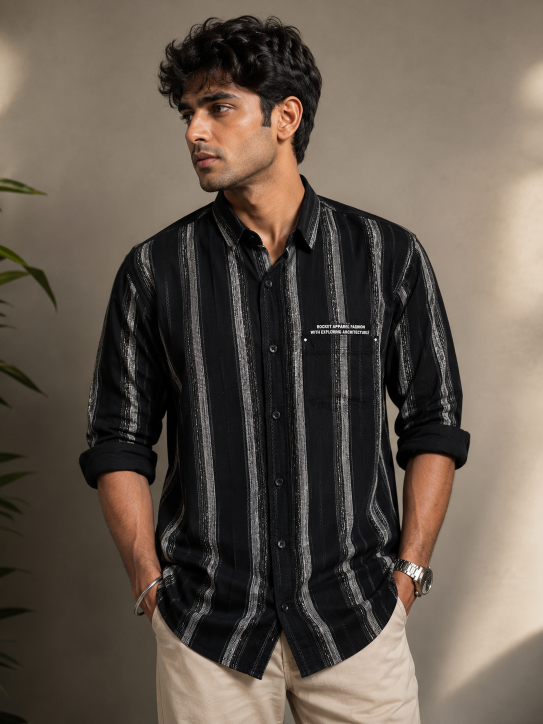 Shadow Circuit Black Vertical Stripe Full-Sleeve Shirt