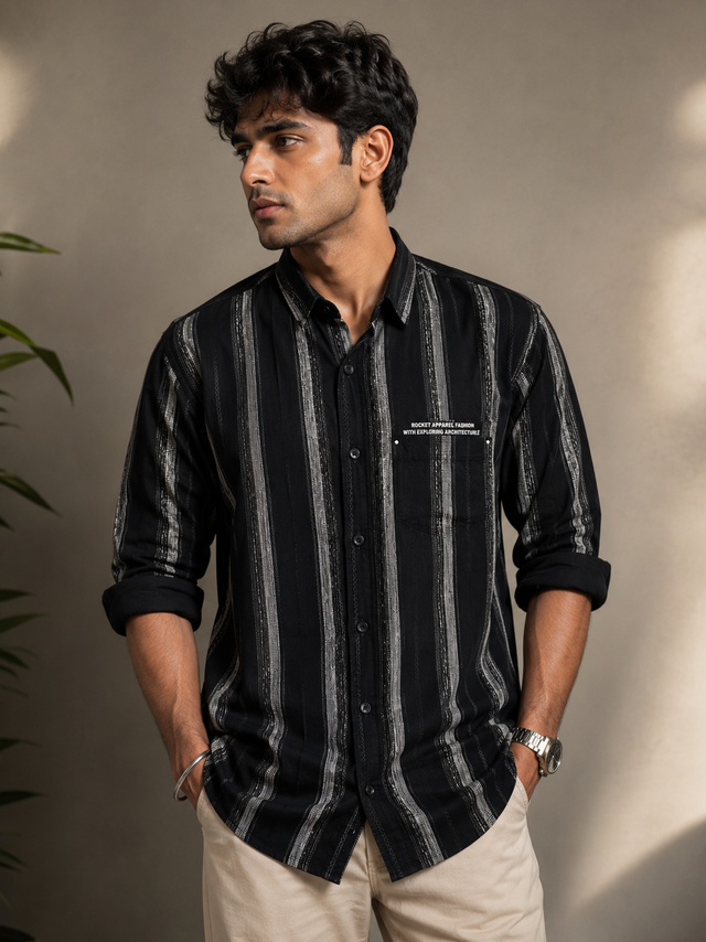Shadow Circuit Black Vertical Stripe Full-Sleeve Shirt