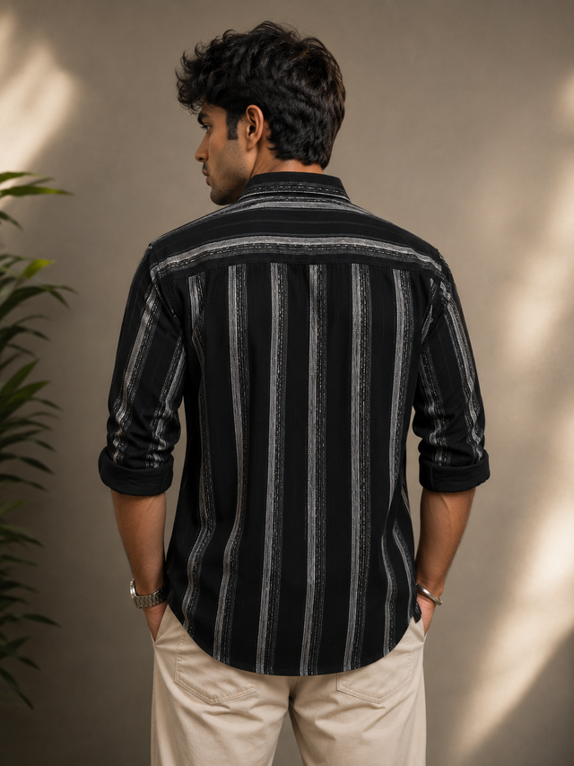 Shadow Circuit Black Vertical Stripe Full-Sleeve Shirt