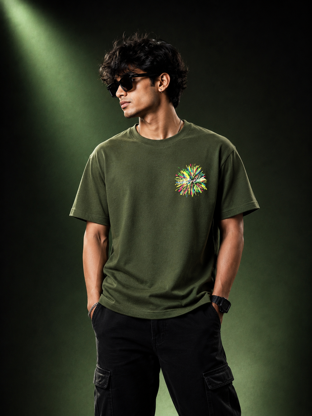 Chromatic Burst Olive Oversized T-Shirt
