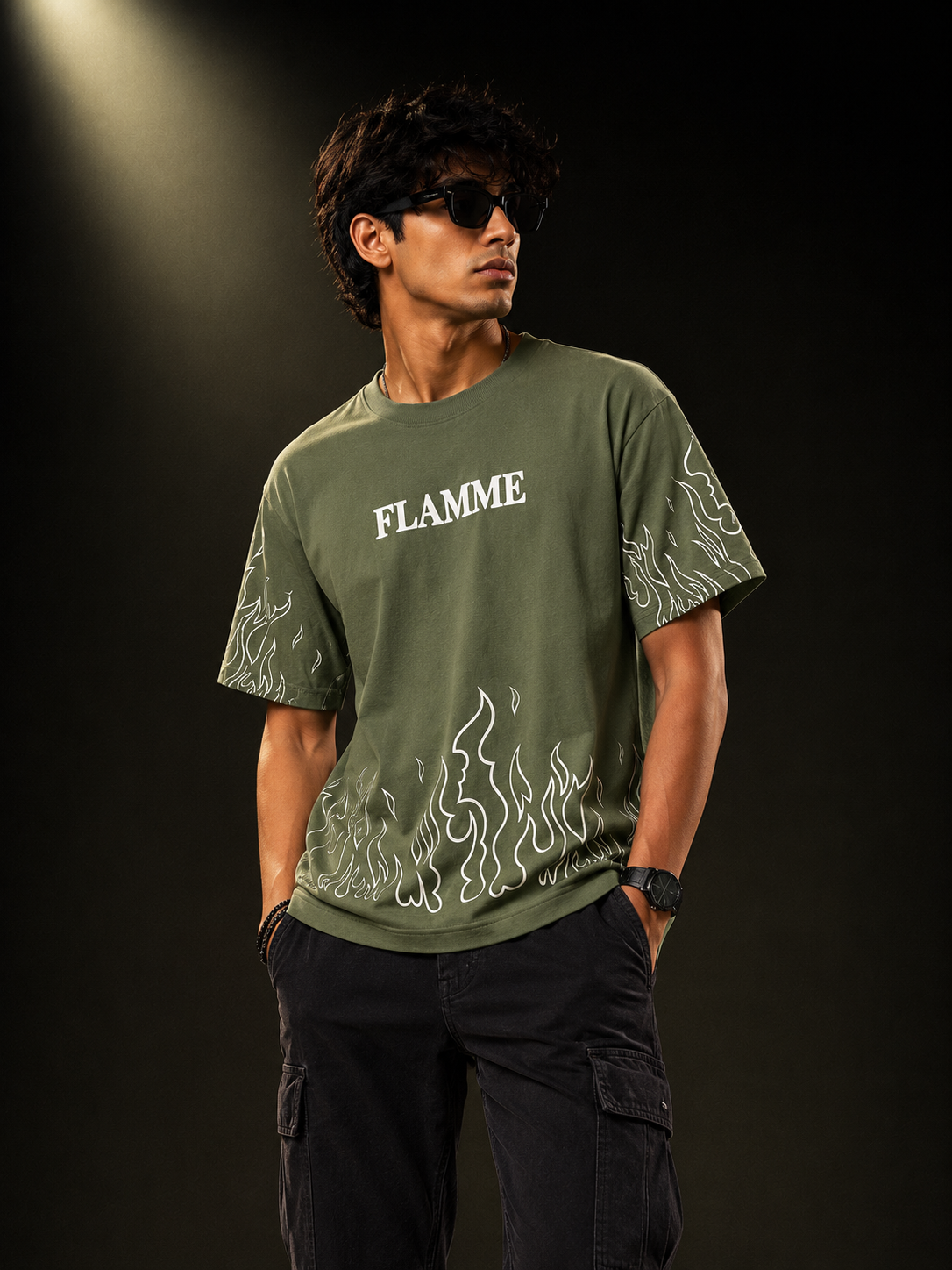 Olive Flame Oversized Graphic T-Shirt